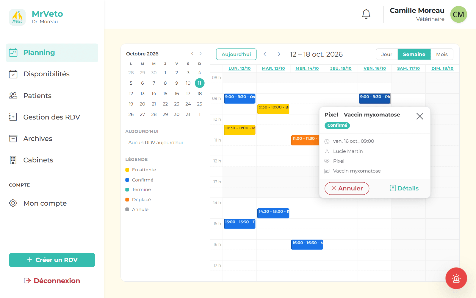 Planning hebdomadaire d'un vétérinaire avec rendez-vous colorés par statut et détail d'un rendez-vous