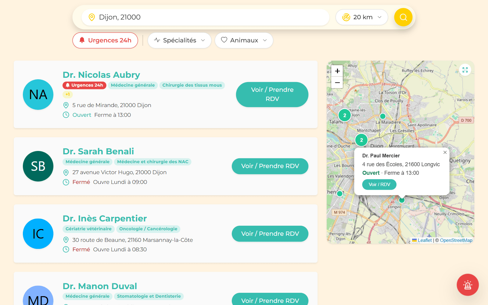 Page de recherche de vétérinaires autour de Dijon avec filtres, liste de résultats et carte