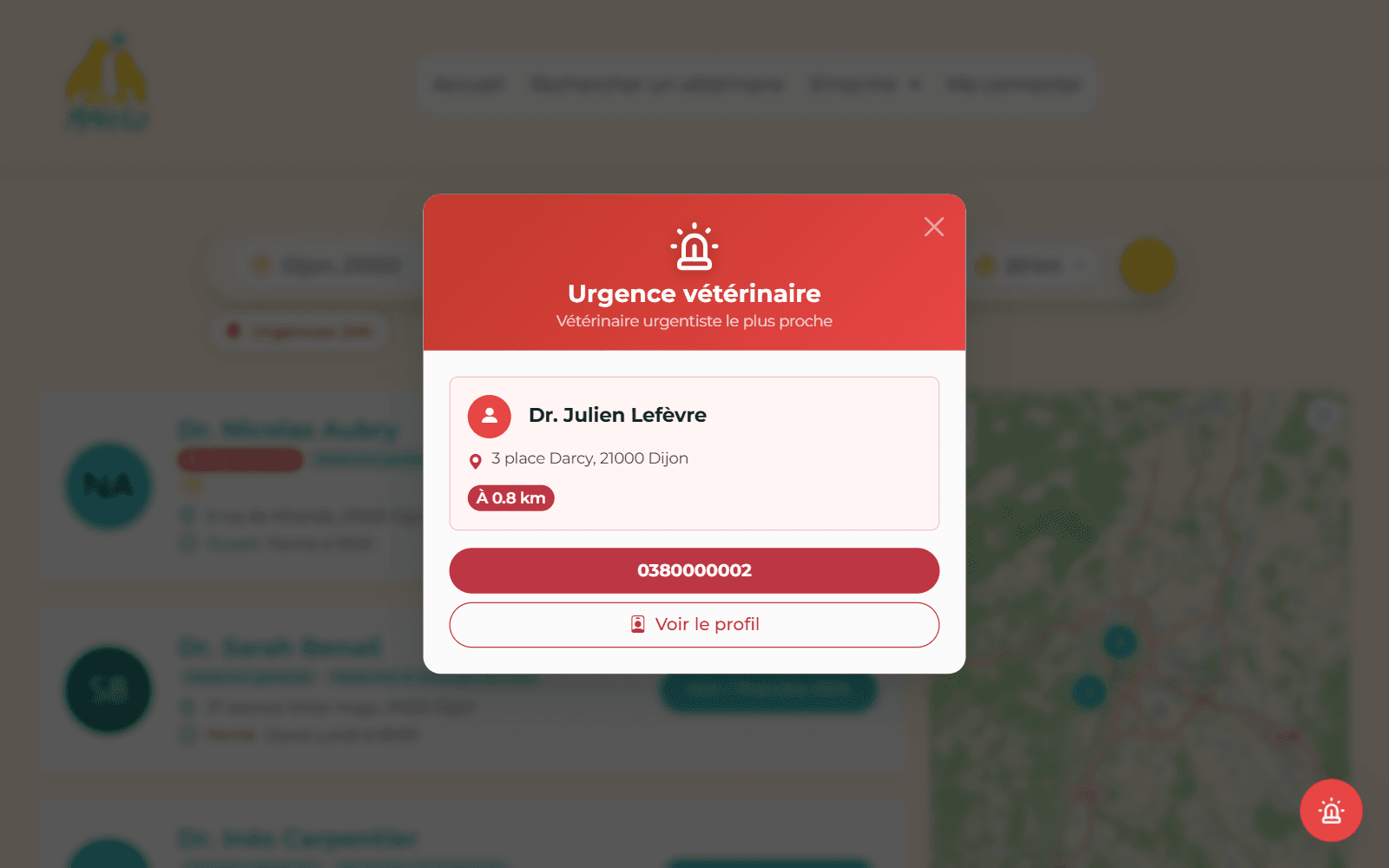 Fenêtre Urgence vétérinaire affichant l'urgentiste le plus proche, sa distance et son téléphone