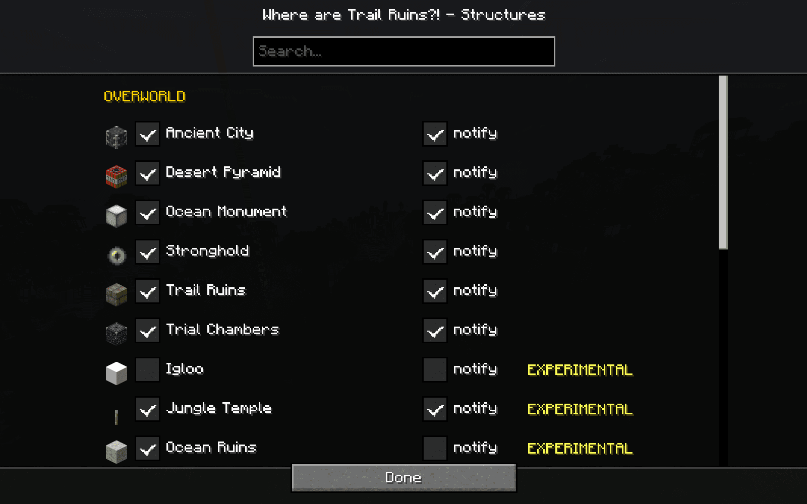 Écran listant les structures de l'Overworld avec une case d'activation, une case de notification et un badge EXPERIMENTAL